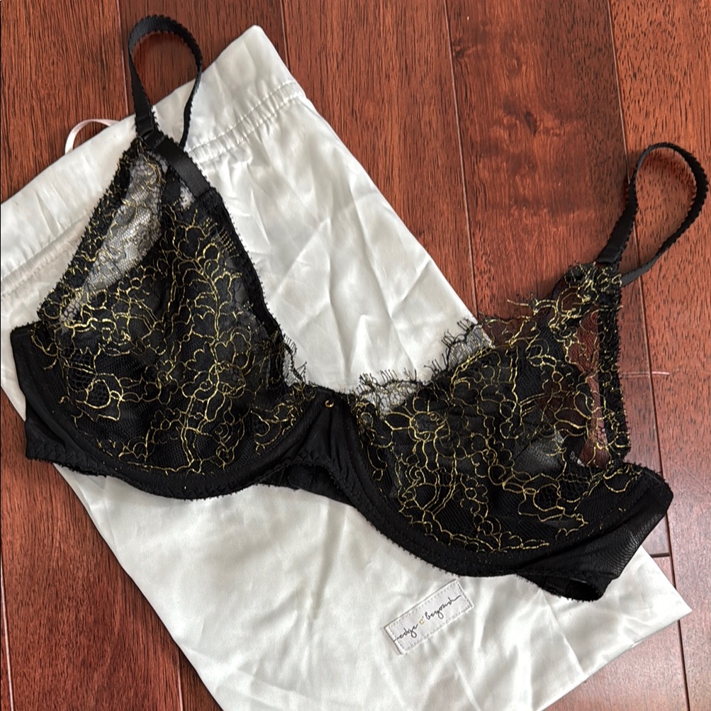Edge O Beyond Black Metallic Gold Sheer Eyelash Lace Bra & Bag 34e